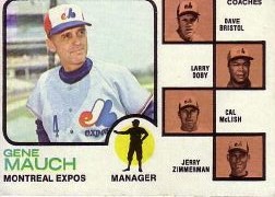 1973 Topps Baseball Cards      377     Gene Mauch MG/Dave Bristol/Larry Doby/Cal McLish/Jerry Zimmerman